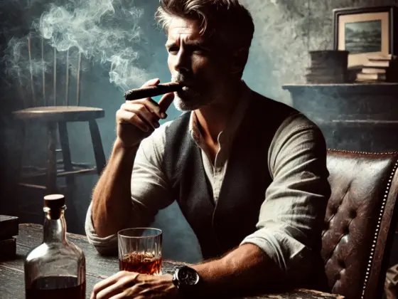 Chique man op sigaren en whiskey thema avond met vrienden