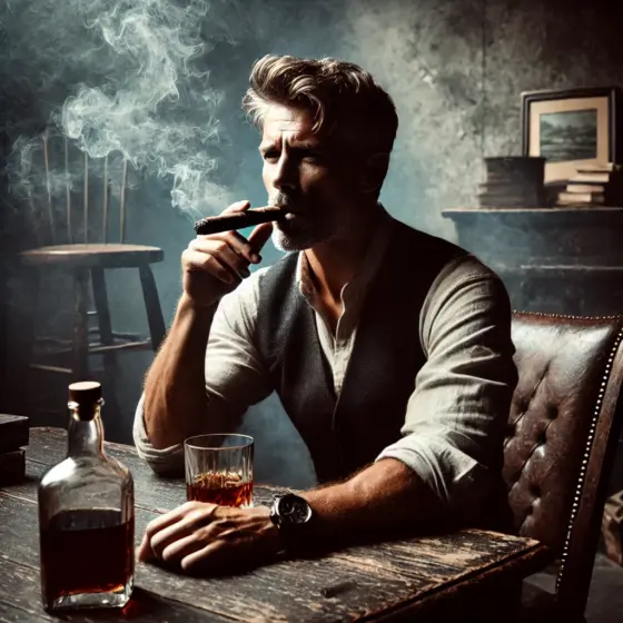 Chique man op sigaren en whiskey thema avond met vrienden