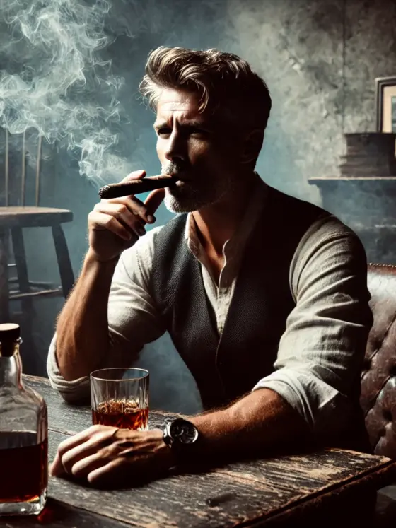 Chique man op sigaren en whiskey thema avond met vrienden